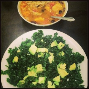 Massaged kale salad and chicken stew